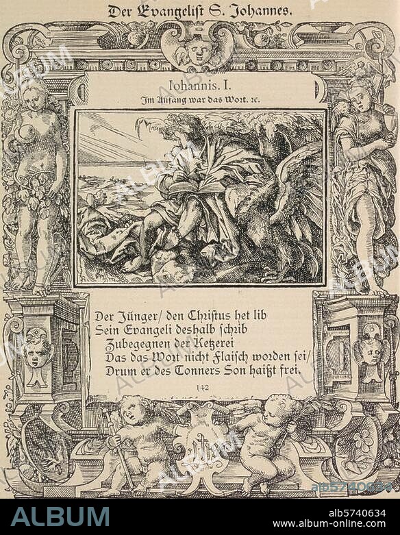 TOBIAS STIMMER. Stimmer, Tobias. 1539-1584. Johannes der Evangelist. Holzschnitt. Aus: Johann Fischart, Biblische Historien, Basel (Thomas Guerin) 1576, Nr. 142.