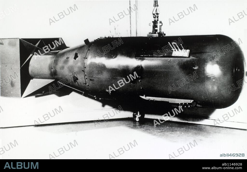 Photograph of a mock-up of the Little Boy nuclear weapon dropped on Hiroshima, Japan, in August 1945. This was the first photograph of the Little Boy bomb casing to ever be released by the U.S. government (it was declassified in 1960).