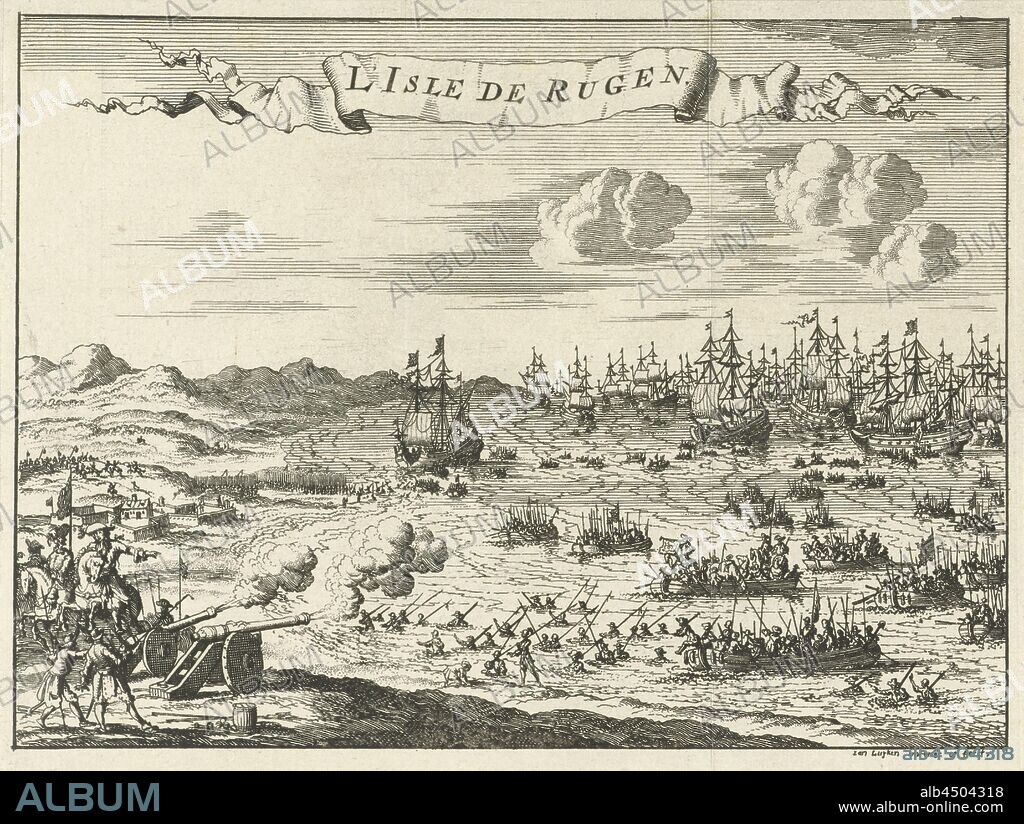 Invasion of Ruegen, 1678 L'Isle De Rugen (title on object), A Brandenburg-Prussian and a Danish army conquer the island of Rügen during the invasion, 23 September 1678, battle, fighting in general, Rügen, Jan Luyken (mentioned on object), Amsterdam, 1680, paper, etching, h 122 mm × w 160 mm.