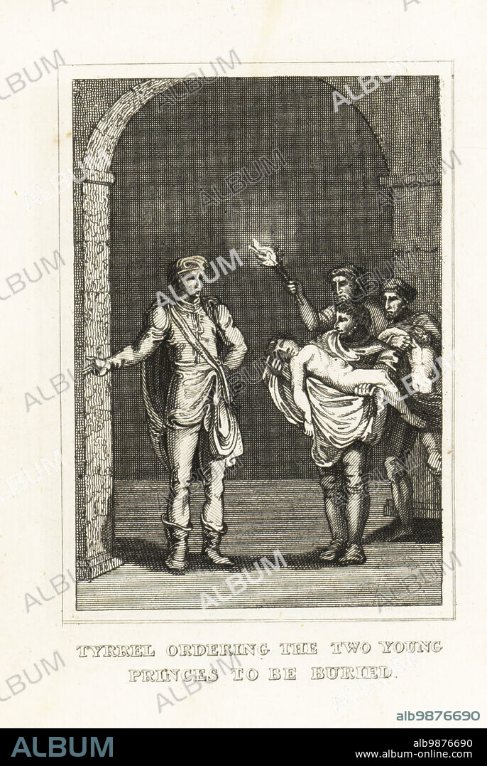 Sir James Tyrrell disposing of the princes' naked corpses in the Tower of London, 1483. Ruffians Slater, Dighton and Forest carrying the dead bodies of Princes Edward and Richard, sons of King Edward IV. Tyrrel ordering the two young princes to be buried. Copperplate engraving from M. A. Jones History of England from Julius Caesar to George IV, G. Virtue, 26 Ivy Lane, London, 1836.