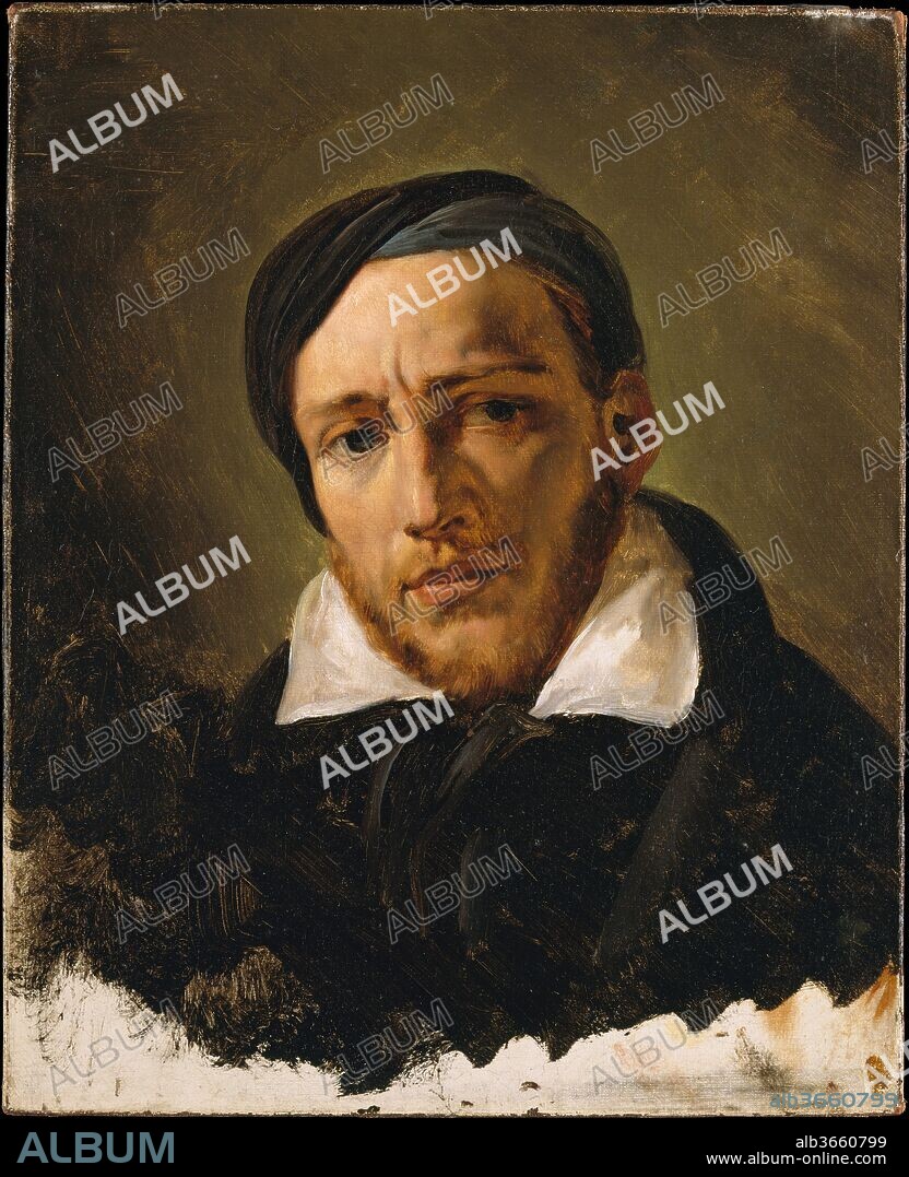 Jean-Louis-André-Théodore Gericault (1791-1824). Artist: Horace Vernet (French, Paris 1789-1863 Paris). Dimensions: 18 5/8 x 15 1/8 in. (47.3 x 38.4 cm). Date: probably 1822 or 1823.
In the early 1820s, Parisian critics were hard pressed to decide which young painter held greater promise, Vernet or his close friend--and friendly rival--Gericault. This work shows Gericault as a Romantic artist, a type that had recently come into being based on Lord Byron's example. He is depicted deep in thought and possibly suffering physically as well. It was probably painted when Gericault was stricken with the disease that claimed his life in 1824. In a lithograph made by Vernet in 1823, Gericault wears the same scarf on his head.