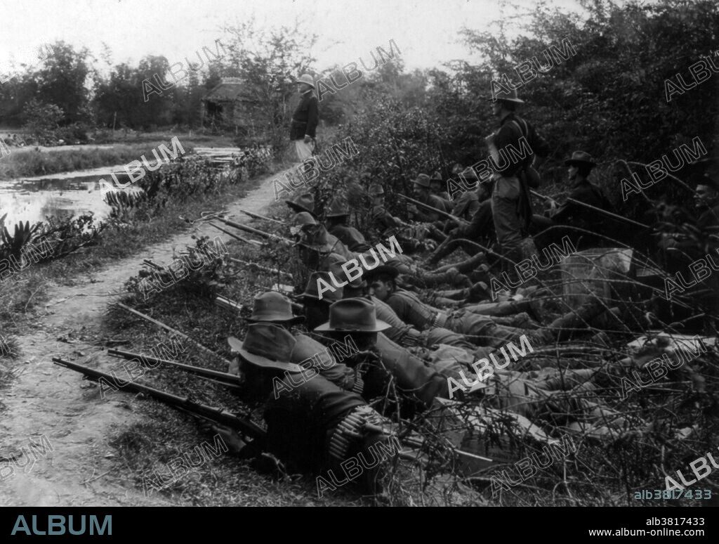 Entitled: "The Philippine insurrection, 1899." The Philippine-American War (1899-1902) was an armed conflict between the United States and Philippine revolutionaries. The conflict arose from the struggle of the First Philippine Republic to secure independence from the United States following the latter's acquisition of the Philippines from Spain after the Spanish-American War. The war was a continuation of the Philippine struggle for independence that began in 1896 with the Philippine Revolution. Fighting erupted between United States and Philippine revolutionary forces on February 4, 1899, and quickly escalated into the 1899 Second Battle of Manila. On June 2, 1899, the First Philippine Republic officially declared war against the United States. The war officially ended on July 4, 1902. The war and occupation by the U.S. would change the cultural landscape of the islands, as people dealt with an estimated 34,000 to 220,000 Philippine casualties (with more civilians dying from disease and hunger brought about by war), disestablishment of the Roman Catholic Church in the Philippines, and the introduction of the English language in the islands as the primary language of government, education, business, industrial and increasingly in future decades among families and educated individuals. Photographed by Perley Fremont Rockett, 1899.