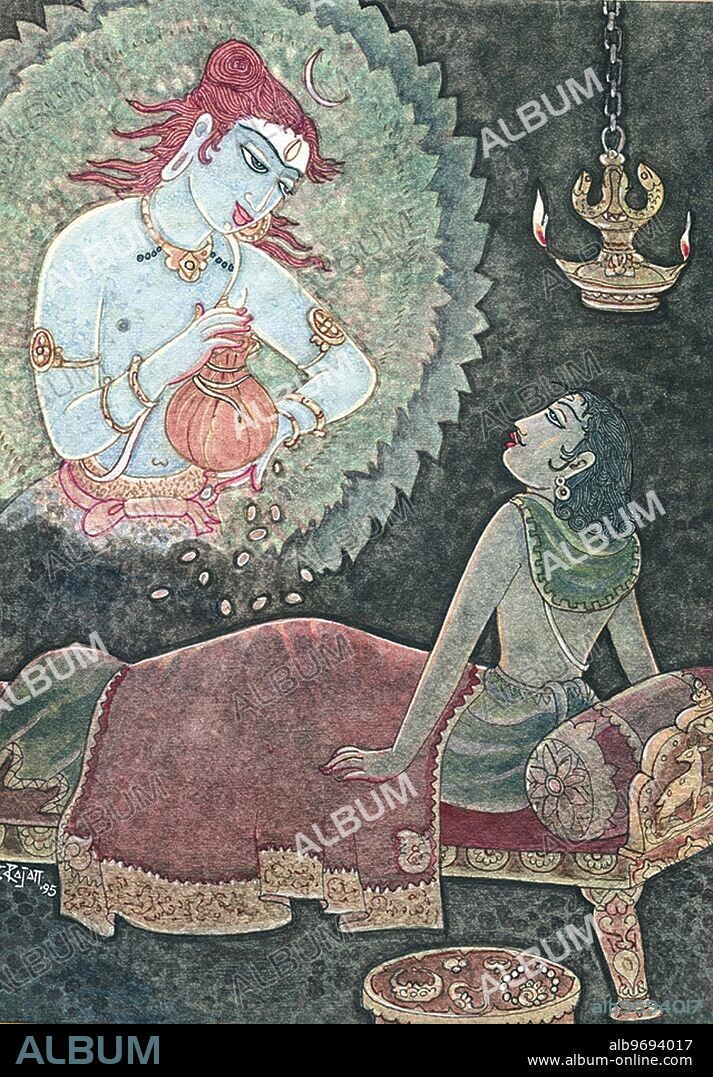India: dream - man - bed - astral vision - Siva - gold coins - spiritual wealth - worldly riches - Dancing with Siva - Artist S. Rajam - Hindu belief - Hindu - Hinduism - art - Himalayan Academy art - wealth - riches - Shiva - lamp - devotee - blessing - gold - artha - Supreme God - India - Indian art - Hindu art - religion - Hindu religion.