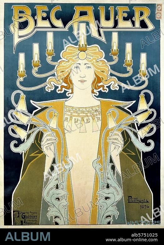HENRI PRIVAT-LIVEMONT. Lumière et éclairage / éclairage au gaz. "BEC AUER". Affiche publicitaire. Lithographie coul., 1896, de Privat Livemont (1861-1936). Imp. : J. L. Goffart, Bruxelles.