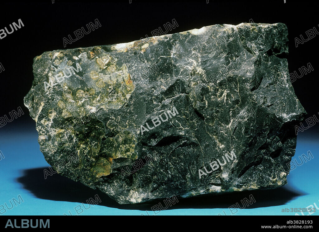 Hornfels is a dense, hard rock created by contact metamorphism. There are many varieties, but all are characterized by small component mineral grains of approximately equal size, and a lack of banding or foliation. Cordierite is often present as irregular included crystals.