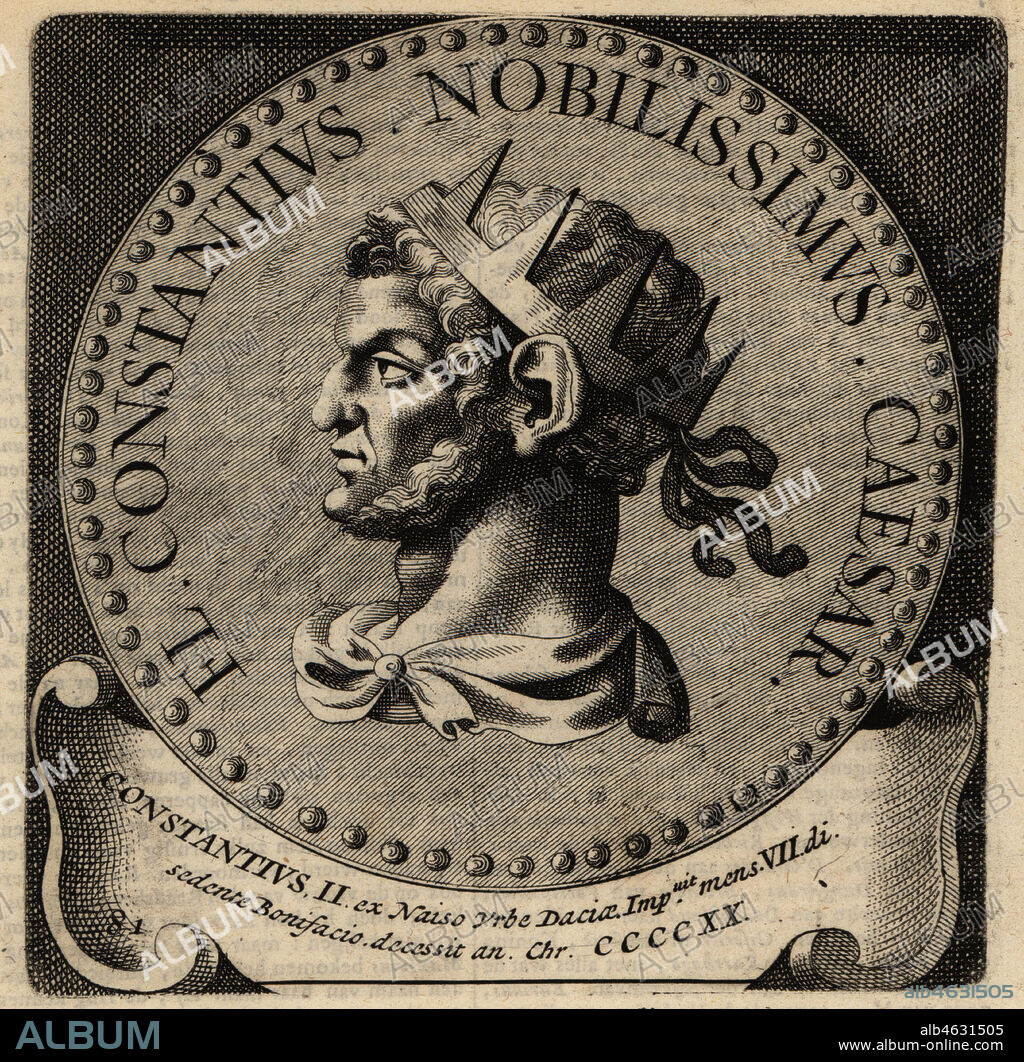 Roman Emperor Constantius II, died 420. Constantius Nobilissimus Caesar, Constantius II ex Naiso Urbe Daciae Imp. Western Emperor. Copperplate engraving from Abraham Bogaerts De Roomsche Monarchy, The Roman Monarchy, Francois Salma, Utrecht, 1697.