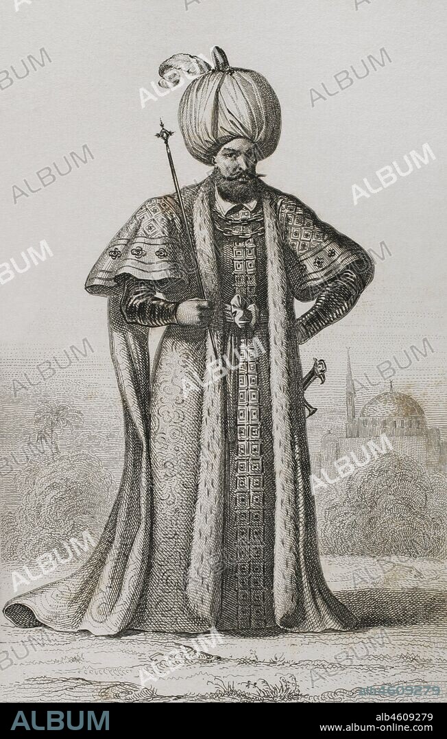 Solimán el Magnífico (1494-1566). Sultán del Imperio Otomano entre 1520-1566. Grabdo por Lemaitre y Masson. Historia de Turquía, por Joseph Marie Jouannin (1783-1844) y Jules Van Gaver. Panorama Universal, edición española de 1840.