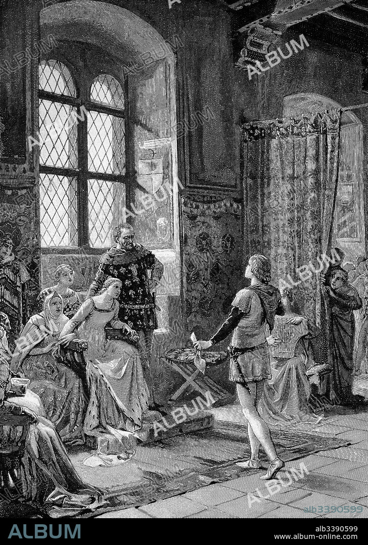 Sordello in the court of Ezzelin. Sordello da Goito or Sordel de Goit was a 13th-century Italian troubadour. Ezzelino III da Romano was an Italian feudal lord in the March of Treviso, Woodcut from 1892.