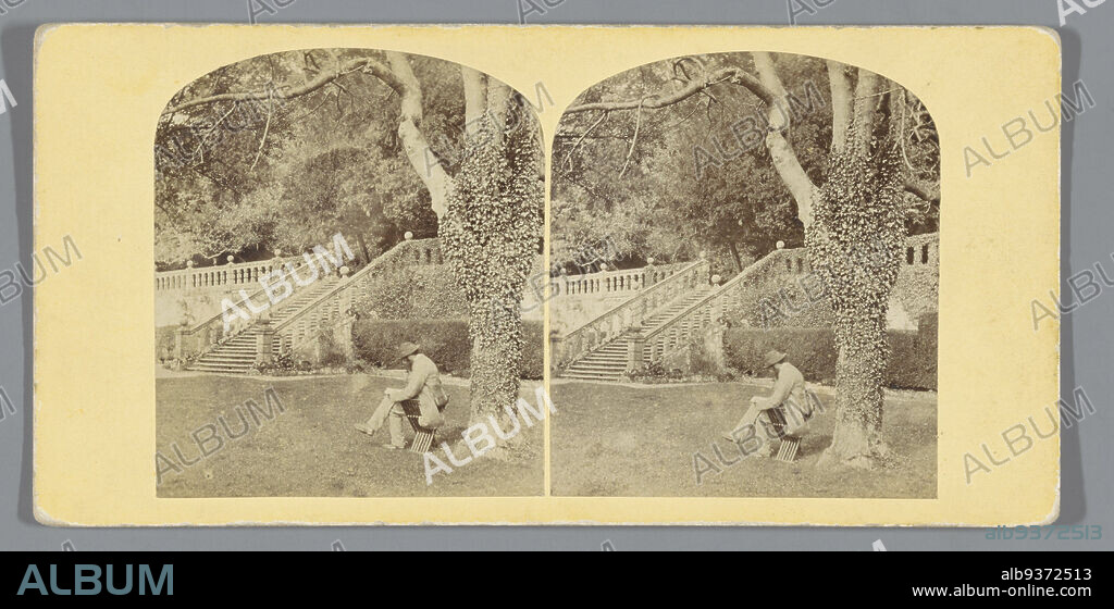 Man reading book under a tree, William Morris Grundy (possibly), Birmingham, 1857 - 1859, paper, cardboard, albumen print, height 85 mm × width 175 mm.