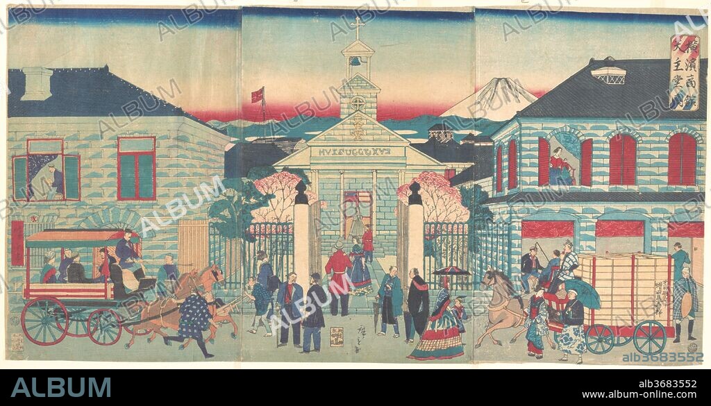 Illustration of Foreign Residences and the Catholic Church in Yokohama (Yokohama shokan tenshudo no zu). Artist: Utagawa Hiroshige III (Japanese, 1843-1894). Culture: Japan. Dimensions: 28 3/8 x 14 1/2 in. (72.1 x 36.8 cm). Date: 10th month, 1870.