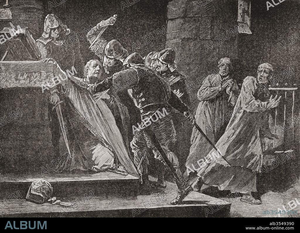 The murder of Thomas Becket in Canterbury Cathedral. Thomas Becket, aka Saint Thomas of Canterbury, Thomas of London and later Thomas à Becket, c. 1118 or 1120- 1170. Archbishop of Canterbury. From Cassell's History of England, published c.1901.