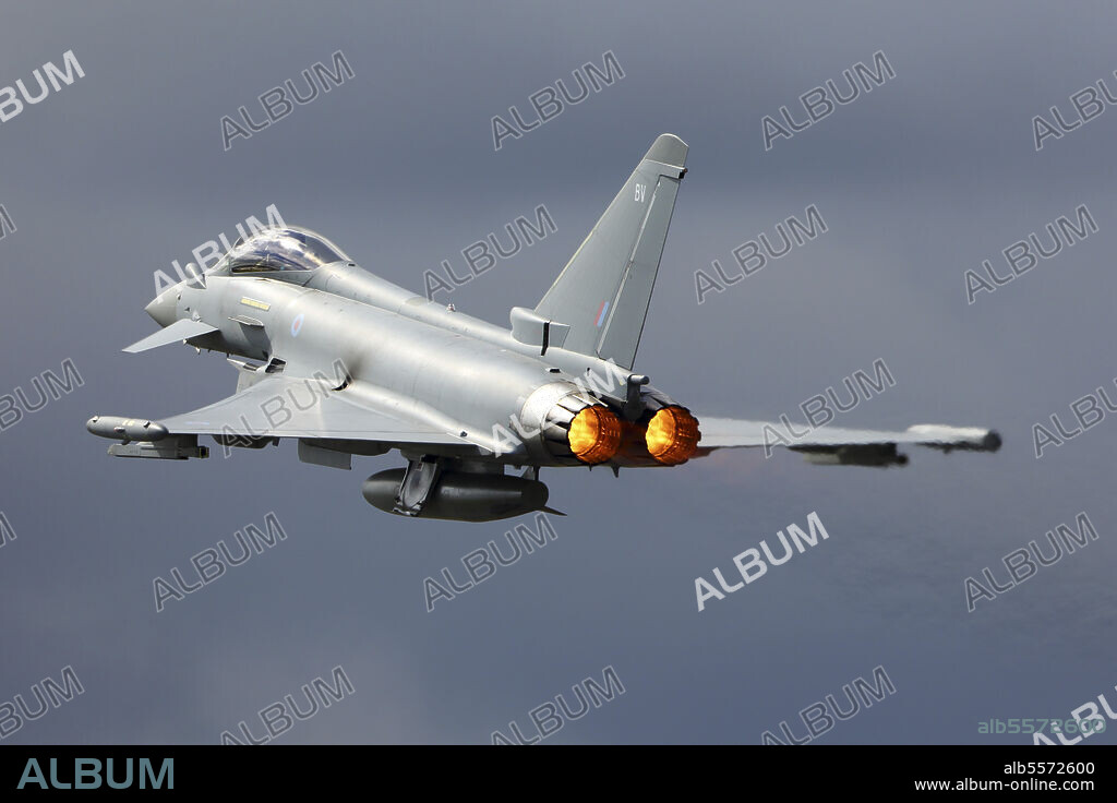 Eurofighter Typhoon FGR4 jet fighter of the Royal Air Force taking off during RIAT-2017 airshow, Fairford, England, United Kingdom.