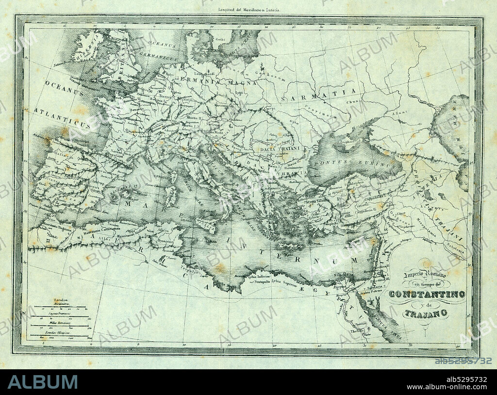 Mapa físico-político del Imperio romano en tiempos de Constantino y Trajano. Grabado de 1870.