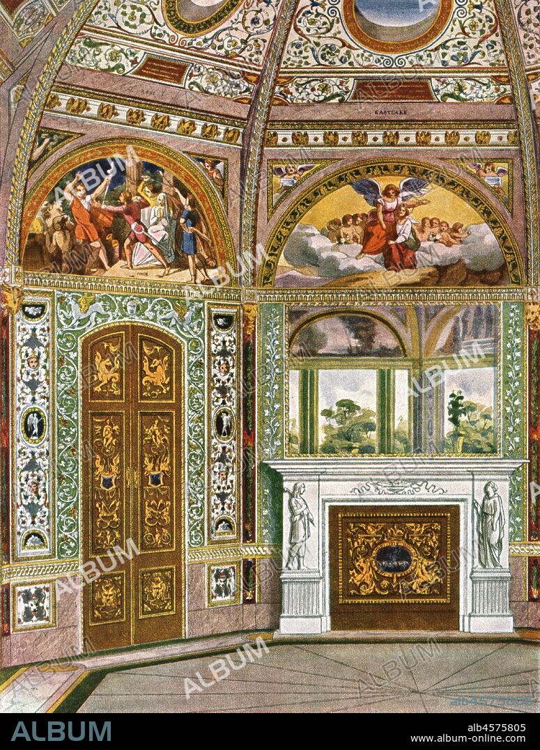 Decoration in the Octagon (Garden Pavilion) in Buckingham Palace, London, (1928). 'About 1845...The whole design is by Ludwig Gruner, the painting was executed by English artists. The picture on left, over the door, by William Ross; the picture over the fireplace by C. L. Eastlake (1793-1865)...the marble pilasters of the fireplace by S. B. Stephens. The engraver L. Gruner was born at Dresden in 1801 and died there in 1882. In 1856 he was appointed Director of the Dresden Prints Cabinet...He was often employed in England'. The Garden Pavilion (demolished in the 1930s) in the garden of Buckingham Palace was initially intended as 'a place of Refuge'. It turned into a major project and served as Prince Albert's personal laboratory where he, Charles Eastlake and Ludwig Gruner oversaw the experimental work of British artists. After L. Gruner. Plate CXVII, fig 216, from "An Encyclopaedia of Colour Decoration from the Earliest Times to the Middle of the XIXth Century" with explanatory text by Helmuth Bossert. [Ernst Wasmuth Ltd., Berlin, 1928].