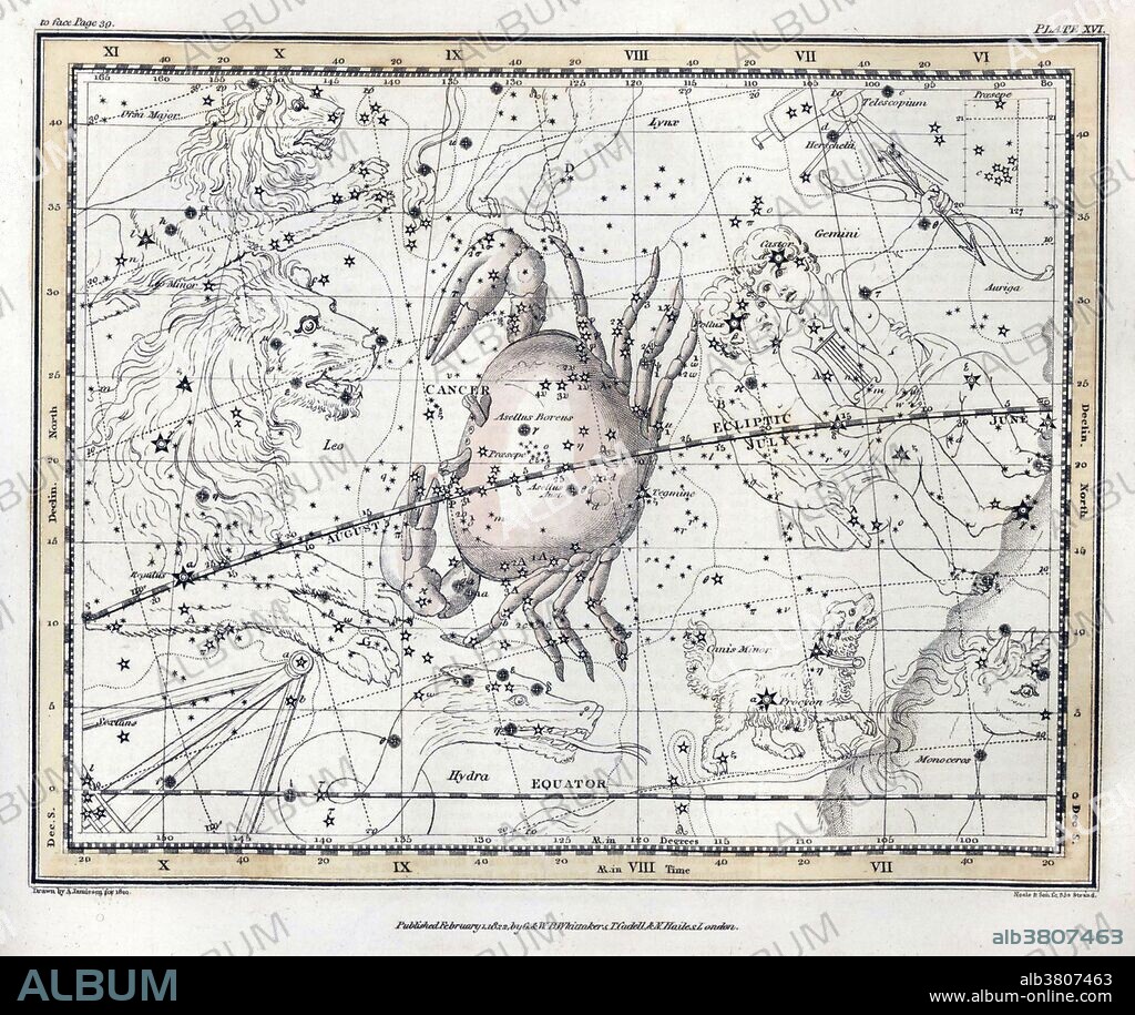 Cancer is one of the constellations of the zodiac. It is one of the 48 constellations described by the 2nd century astronomer Ptolemy, and remains one of the 88 modern constellations defined by the International Astronomical Union. Constellations directly bordering Cancer are Lynx, Gemini, Canis Minor, Hydra, Leo and Leo Minor. Cancer is the fourth astrological sign in the Zodiac, which is associated with the constellation Cancer. It spans the 90-120th degree of the zodiac, between 90 and 125.25 degree of celestial longitude, which the Sun transits this area on average between June 22 to July 22 each year. A Celestial Atlas (1822) by Alexander Jamieson, inspired by the star atlas of Johann Elert Bode, but restricted itself to stars that could be seen with the naked eye. Comprising a systematic display of the heavens in a series of thirty maps illustrated by scientific description of their contents and accompanied by catalogues of the stars and astronomical exercises, plate 16, 1822.