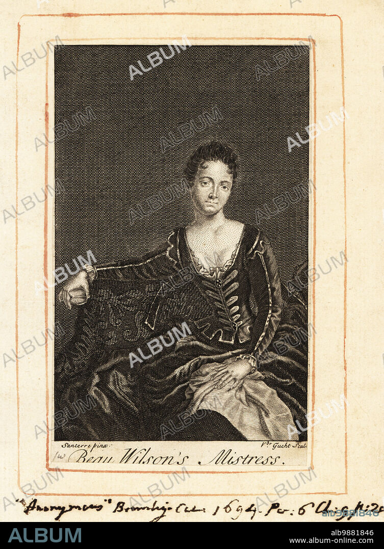 Elizabeth Villiers, as Beau Wilsons Mistress. Wilson was killed by John Law in a duel over her affections in 1694. Later Elizabeth Hamilton, Countess of Orkney (1657-1733). Mistress to King William III of England, married to George Hamilton, 1st Earl of Orkney. Copperplate engraving by Gerard Vandergucht after a painting by Jean-Baptiste Santerre, published London, circa 1790.