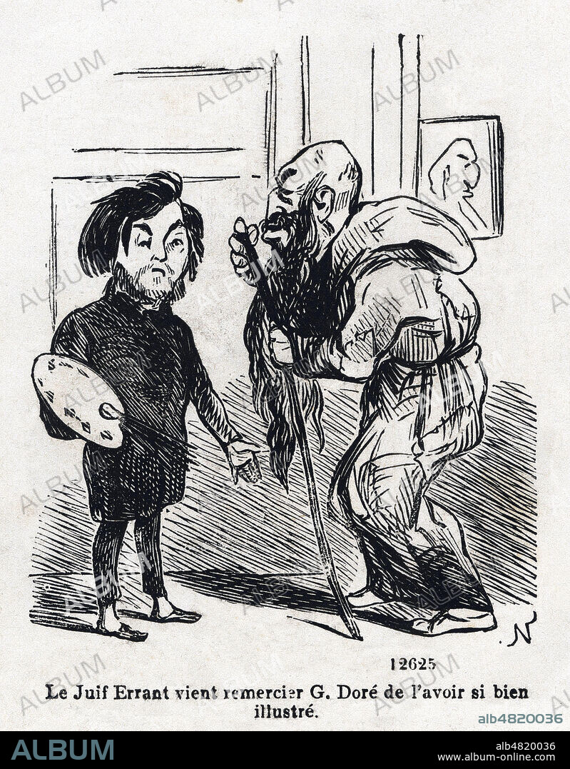 Le Juif errant vient remercier Gustave DORE (1832-1883) de l'avoir si bien illustre. Caricature de NADAR (1820-1910) pour le Journal amusant du 12 avril 1856. Credit : Collection Jonas/Kharbine-Tapabor.