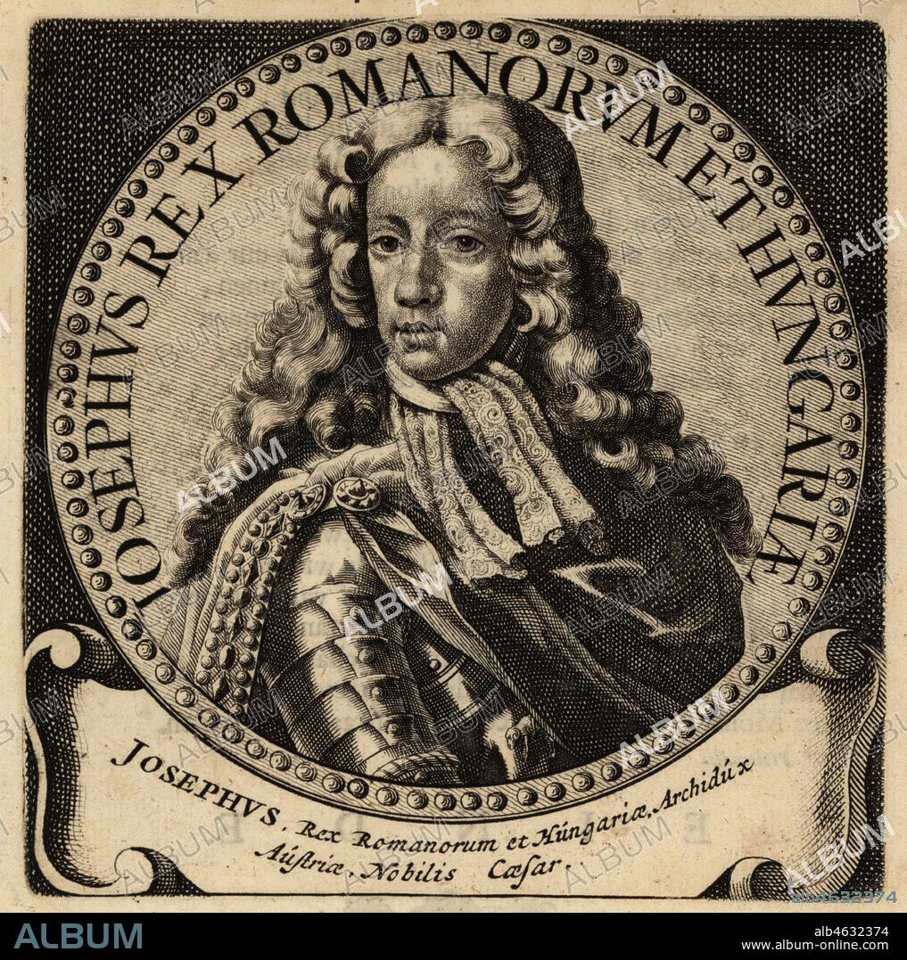 Holy Roman Emperor Joseph I, 1678-1711. Josephus Rex Romanorum, King of Hungary, Germany and Bohemia. Copperplate engraving from Abraham Bogaerts De Roomsche Monarchy, The Roman Monarchy, Francois Salma, Utrecht, 1697.