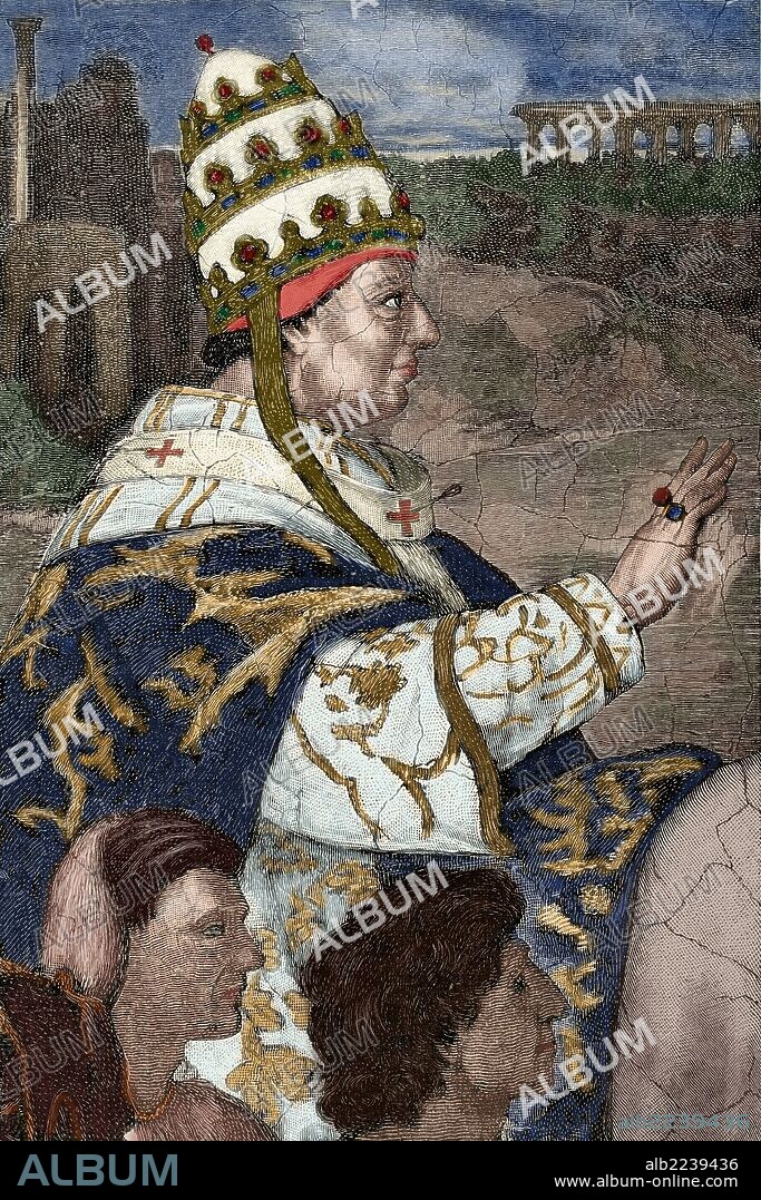 Innocent III (1161-1216). Pope of the Roman Catholic Church. Engraving after a fresco by Raphael. Colored.