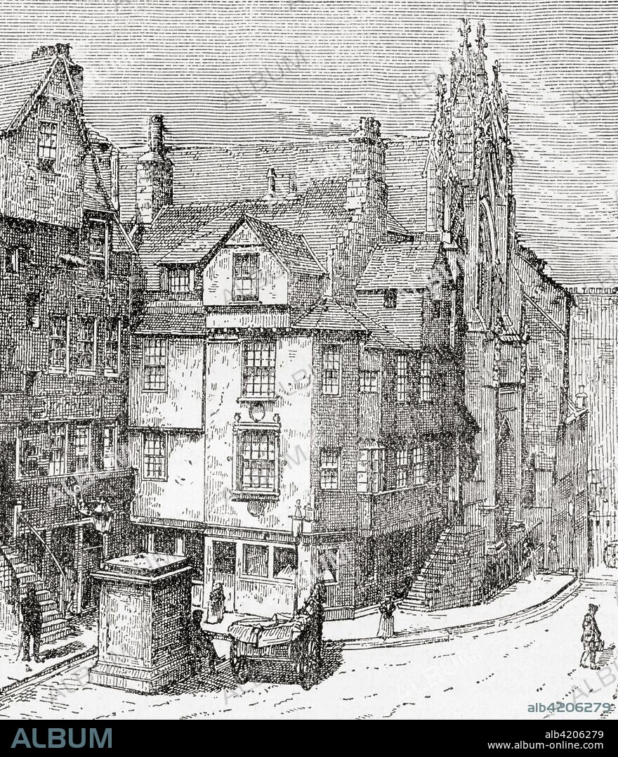 John Knox's house in Edinburgh, Scotland.  John Knox, c.?1513 - 1572.  Scottish minister, theologian, and writer who was a leader of the country's Reformation. He is the founder of the Presbyterian Church of Scotland.  From Ward and Lock's Illustrated History of the World, published c.1882.