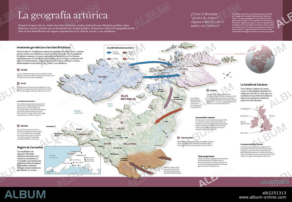 La geografía artúrica. Infografía sobre las invasiones germánicas de las Islas Británicas en la época del Rey Arturo (siglo V).