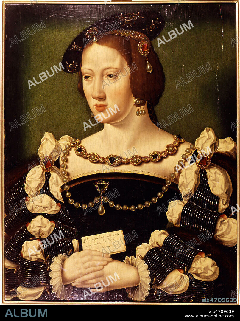 Portrait d'ELEONORE de HABSBOURG (1498-4558) soeur de CHARLES-QUINT, elle epousa FRANCOIS 1ER a la suite du Traite de Cambrai en 1530. Selon la mode de l'epoque elle porte une robe ' a creves ' . Peinture 16eme siecle, XVIeme XVIe siecle. Renaissance francaise, regne de Francois 1er . Conservee au Musee Conde a Chantilly. Credit Collection JEAN VIGNE/KHARBINE TAPABOR.