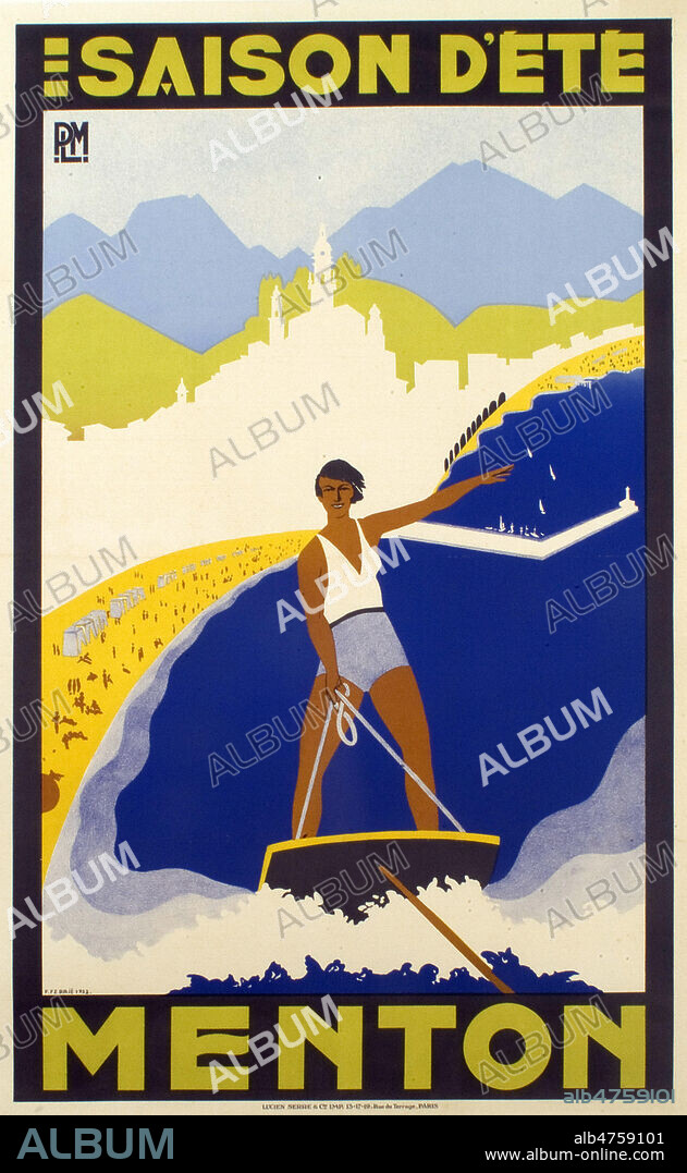 Saison d'ete - Menton. Affiche publicitaire PLM, 1932, ILLUSTRATION F. FERRIE , annees 30, debut 20eme siecle. Credit Collection privee GalDoc/Grob/KHARBINE TAPABOR.