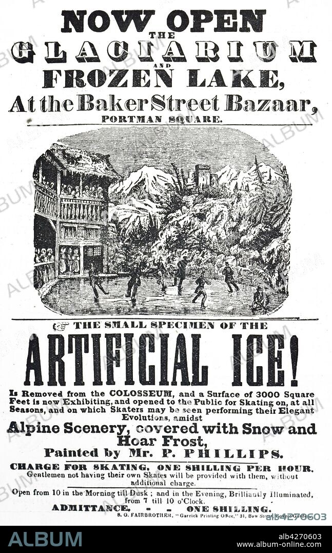 Advertisement for the Baker Street Bazaar glaciarium and frozen lake. Dated 19th century.
