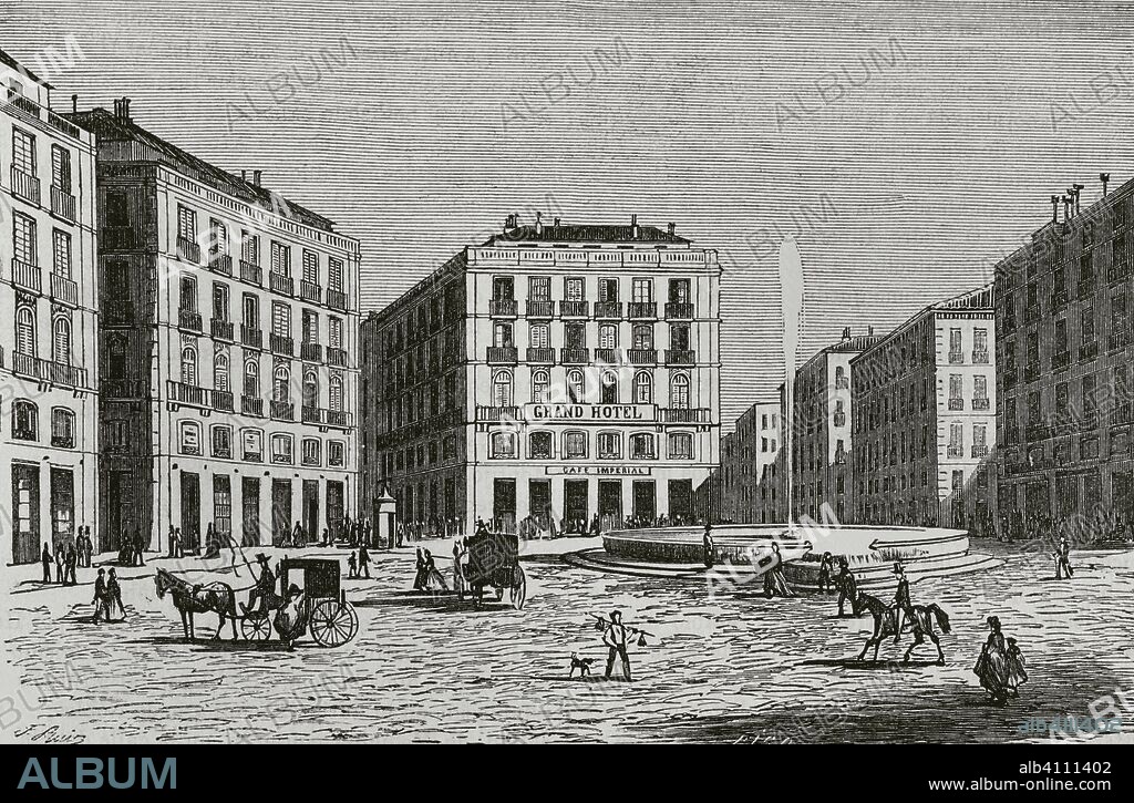 Spain, Madrid. Puerta del Sol (Gate of the Sun). Engraving, 19th century. Cronica General de Espa–a, Historia Ilustrada y Descriptiva de sus Provincias. Castilla-La Nueva, 1869.