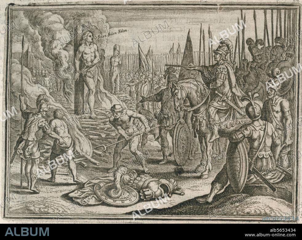 Crésus ; dernier roi de Lydie (v. 560-547 av. J.-C.). - "Crésus" (Sur le bûcher après la prise de Sardes par le roi perse Cyrus 548 av. J.-C. ; en prononçant le nom de Solon, Crésus se fait grâcié par Cyrus). Gravure sur cuivre de Matthias Mérian l'Ancien (1593-1650). In : Johann Ludwig Gottfried, Historische Chronica, Francfort / Main (M.Merian) 1630, p. 74. , Berlin, Sammlung Archiv für Kunst und Geschichte.