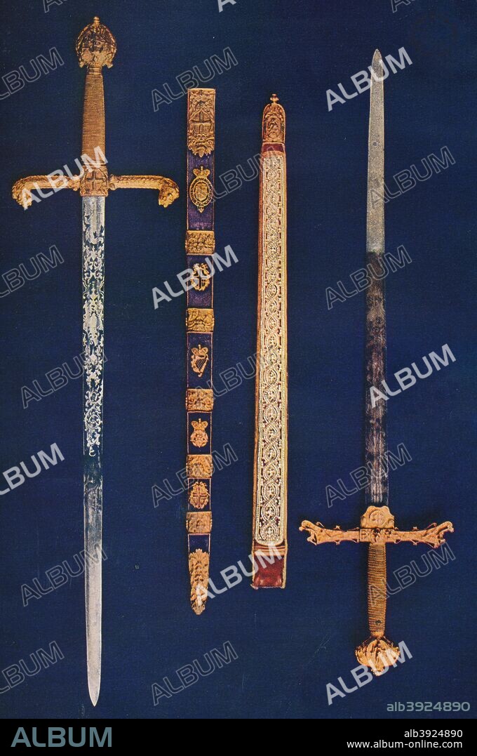 The Lord Mayor's Sword of State and Pearl Sword. The State sword originates from the mid-seventeenth century. The Pearl Sword was used according to legend, by Elizabeth I at the opening of first Royal Exchange in 1571. From The Connoisseur Vol XLIV by [Otto Limited, London, 1916.].