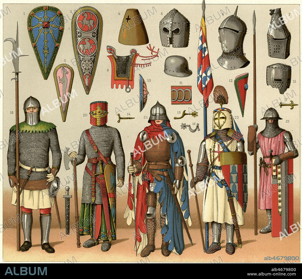 Vie au Moyen-Age: Costumes de guerre, de g. a dr. Homme de pied epoque du roi Jean (1350) , chevalier de la fin du 12eme siecle, chef de la milice urbaine de la ville de Paris (1350) , Chevalier banneret de l'apoque de Philippe Le Bel (debut 14eme siecle) , et enfin costume de guerre de l'epoque de Philippede Valois, (debut 14eme) . Chromolithographie in Le Costume Historique par A. Racinet, vers 1850 . Credit Collection Kharbine Tapabor.