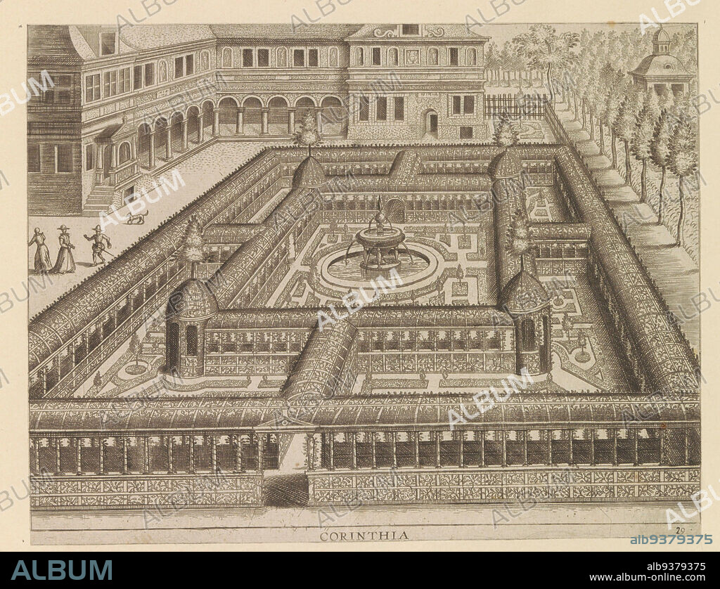 Garden with a parterre surrounded by a double row of aisles of latticework, Corinthia (title on object), Hortorum Viridariorumque elegantes et multiplicis formae (series title), Garden designs associated with the Doric, Ionic and Corinthian building orders (series title), Garden with a parterre surrounded by a double row of aisles of latticework. In the center is a fountain. In the background a house. The garden is laid out according to the Corinthian order of construction. The print is part of an album., print maker: anonymous, Hans Vredeman de Vries, Antwerp, 1583 and/or c. 1600 - c. 1601, paper, etching, height 188 mm × width 244 mm.