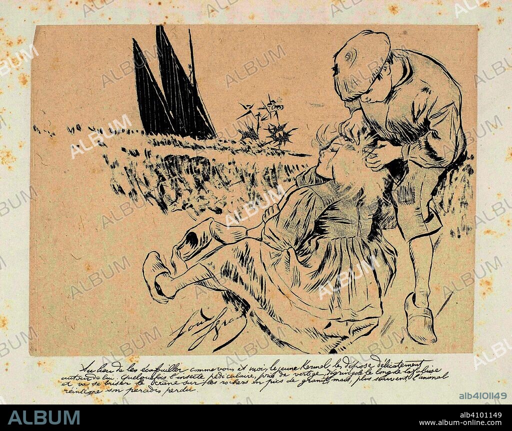 LOUIS LEGRAND. Instead of Crushing them Like You and I... (Au lieu de les écafouiller comme vous et moi, le jeune Kermel les depose delicatement autour de lui) from the series Au Cap de la Chèvre. Dimensions: 35.8 cm x 54.8 cm, 21.6 cm x 29 cm, 24.3 cm x 29 cm.