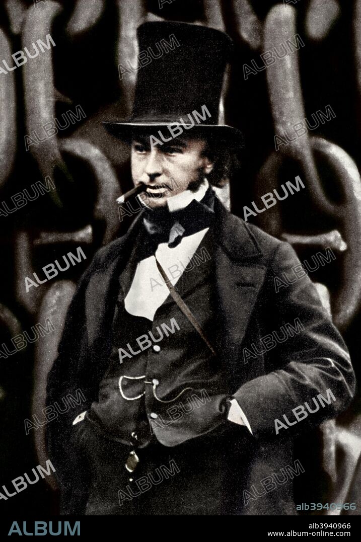 Isambard Kingdom Brunel, British engineer, 1857, (1956). Brunel (1806-1859) standing in front of the launching chains of his steamship the 'Great Eastern'. Brunel left school in 1822 to work for his father Marc Isambard Brunel on the construction of the Thames Tunnel. He later became the chief engineer of the Great Western Railway between 1833 and 1858, and designed many bridges and viaducts including the Royal Albert Bridge in Saltash, Cornwall, and the Clifton Suspension Bridge in Bristol. He also designed the steamships 'Great Western', the 'Great Britain' and the 'Great Eastern'. A print from People, Places, Things and Ideas, Readers union, The Grosvenor Press, London, 1956. (Colorised black and white print).