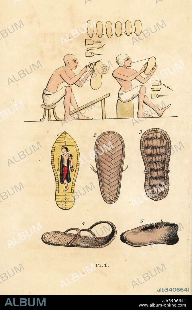 Cobblers making sandals in ancient Egypt, with examples of curved-toe sandal 1, palm-leaf sandals 2,3,,4 and leather close-laced shoe 5. Handcoloured copperplate engraving from J. Sparkes Hall's Book of the Feet, HIstory of Boots and Shoes, New York, 1847.