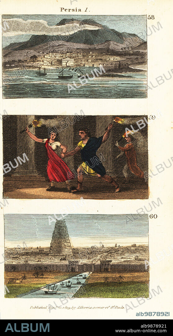 Historical views of Persia (Iran). View of the city of Gombroon (Bandar Abbas) on the Persian Gulf 58, the courtesan Thais leading Alexander the Great to set fire to Persepolis 59, and view of the Tower of Babel in Babylon 60. Handcoloured copperplate engraving from Rev. Isaac Taylors Scenes in Asia, for the Amusement and Instruction of Little Tarry-at-Home Travelers, John Harris, London, 1819.
