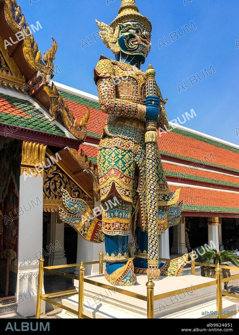 Giant demon and guard in the Wat Phra Kaew; commonly known in English as the Temple of the Emerald Buddha; is regarded as the most sacred Buddhist temple in Thailand.