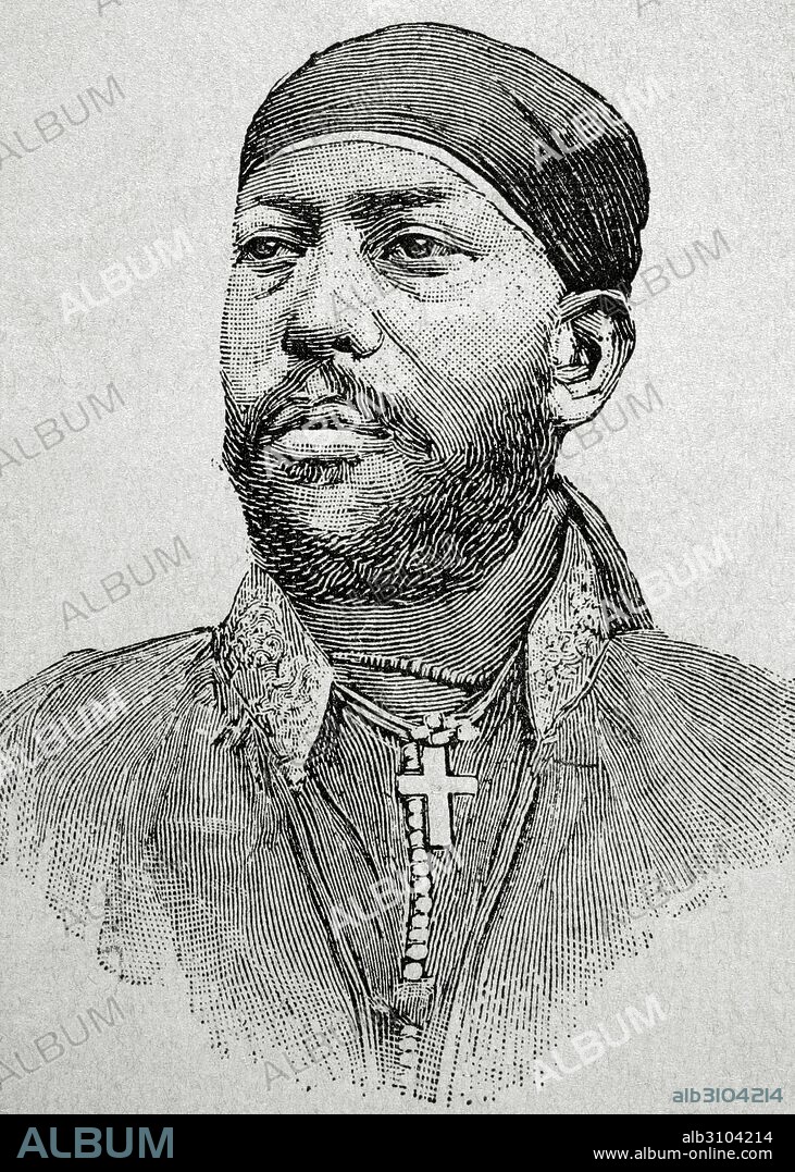 MENELIK II (Choa, 1844-Abbis Abeba, 1913). "Negus" (emperador) de Etiopía. Fundador de Abbis Abeba en 1887, resistió con éxito a los italianos (Adua, 1896). Grabado. La Ilustración Artística, año 1896.