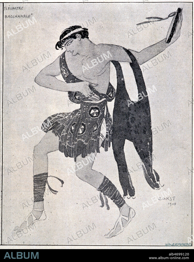 'Cleopatre - Bacchanale'. Costume de theatre, danseur grec. Illustration par Bakst (1866-1924) tiree du journal Le Monde Illustre du 15 juillet 1911. Credit : Collection KHARBINE-TAPABOR.