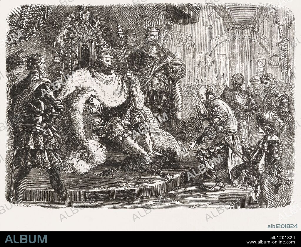 Alberto de Brandeburgo (1490-1568), Primer Duque de Prusia y Gran Maestre de la Orden Teutónica, rindiendo homenaje y vasallaje en 1525 al Rey de Polonia, Segismundo I, Jagellon el Viajero (1467-1548). Grabado de 1866.