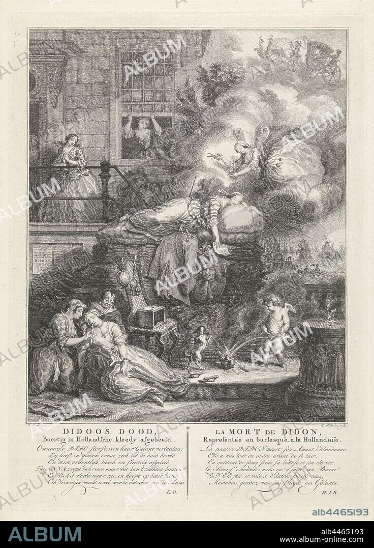 The death of Dido Didoos Death, Boertig depicted in Dutch kleedy / La Mort de Didon, Representée and burlesque, à la Hollandoise (title on object), Dido lies dead on a stake of branches and furniture. In the left foreground a woman of sadness has become unwell. Behind the stake, women on the sidewalk in front of a house watch in shock. The placard on the sidewalk to the left of the stake shows that this print was made for the sad play 'Didoos Dood' by Andries Pels. Under the title is a text in Dutch and French, (story of) Dido - death, tragedy, Simon Fokke (mentioned on object), Amsterdam, 1758, paper, brush, h 377 mm × w 271 mm.