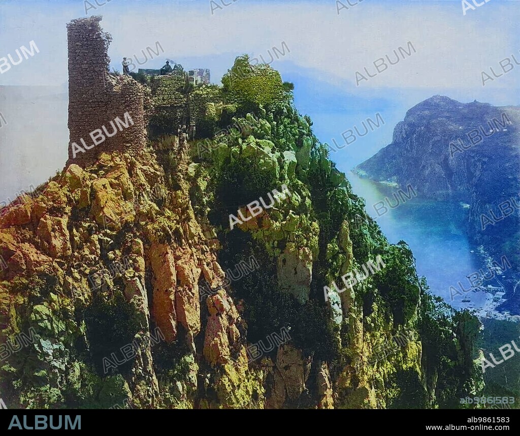 View of the ruins of Castello Barbarossa on Capri with a man and a woman on top, 1865, Italy, Historic, digitally restored reproduction of a photo by Giorgio Sommer, coloured, Europe.