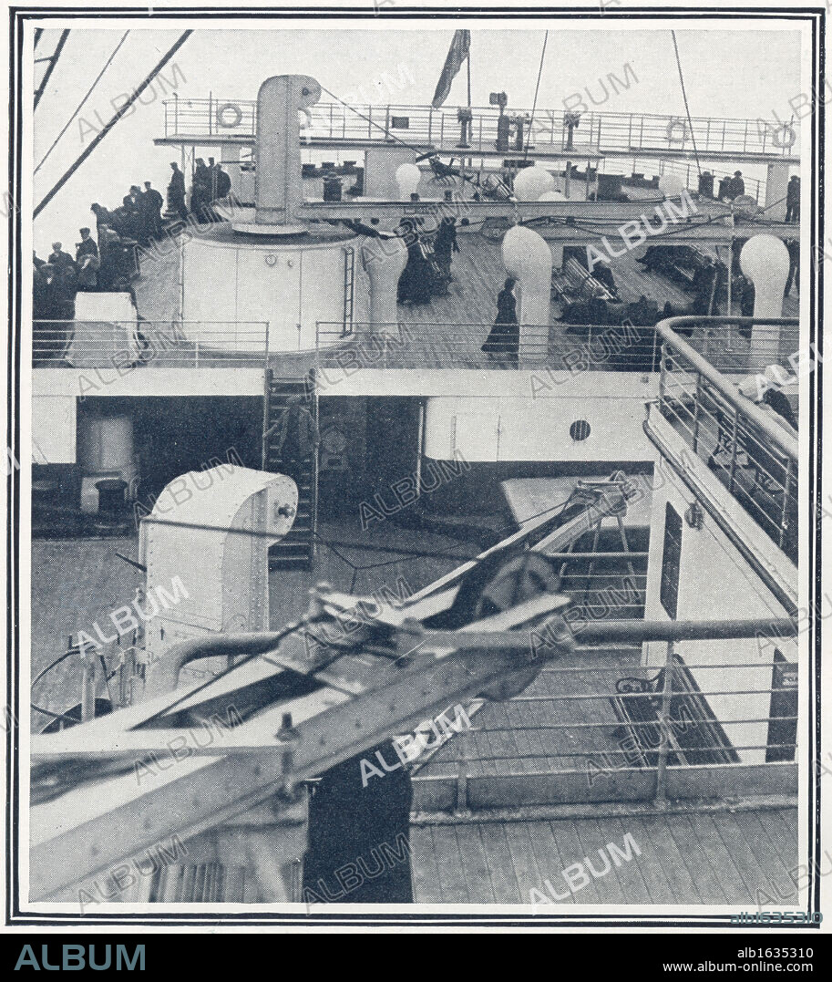 Titanic decks. Illustration of the stern and sun deck of Titanic where some second and third class passengers had their quarters. The second class accommodation on the Titanic was far superior to the first class on many ships. The view shows two of the electric cranes on the vessel. Titanic was built by Harland & Wolff in Belfast Ireland during 1910 - 1911 on the 15th April, 1912, and sank after striking an iceberg off the coast of New Foundland during her maiden voyage from Southampton, England to New York, USA, with the loss of 1,522 passengers and crew. (Photo by Titanic Images/Universal Images Group).