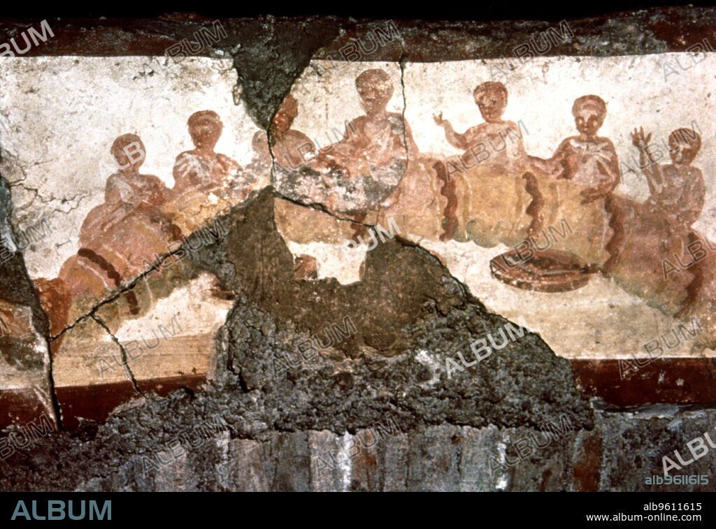 Eucharistic banquet, fresco from the catacombs of St. Callistus in Rome.
