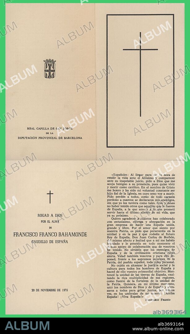 Recordatorio de la muerte de Francisco Franco Bahamonde, editado por la Diputación Provincial de Barcelona, 20 noviembre 1975.