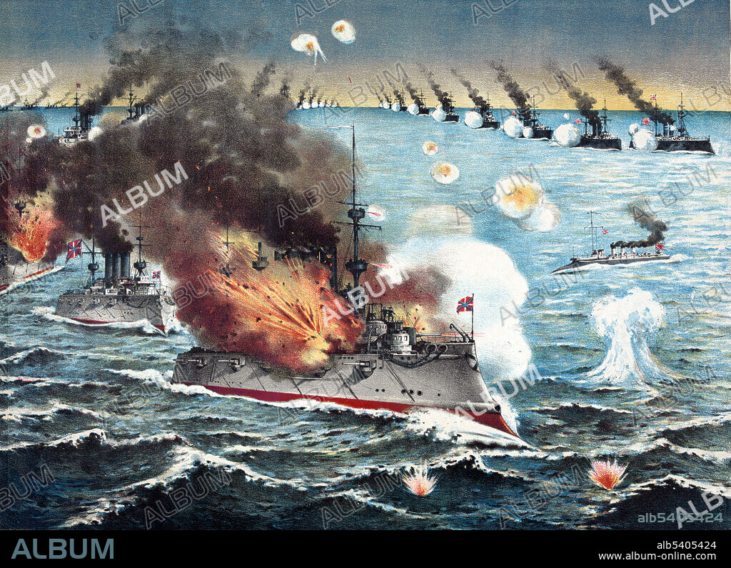 Russian battleship exploding under bombardment from Japanese battleships, a line of Japanese battleships, positioned on the right, fire on a line of Russian battleships on the left, in a surprise naval assault on the Russian fleet at Port Arthur.. The Russo-Japanese War (1904-05) was fought between the Russian Empire and the Empire of Japan over rival imperial ambitions in Manchuria and Korea. On the night of February 8, 1904, the Japanese fleet under Admiral Togo Heihachiro, opened the war with a surprise torpedo boat destroyer attack on the Russian ships at Port Arthur. The attack heavily damaged the Tsesarevich and Retvizan, the heaviest battleships in Russia's far Eastern theatre, and the 6,600 ton cruiser Pallada. Although the actual Battle of Port Arthur was indecisive, the initial attacks had a devastating psychological effect on Russia, which had been confident about the prospect of war. Chromolithograph, 1904.