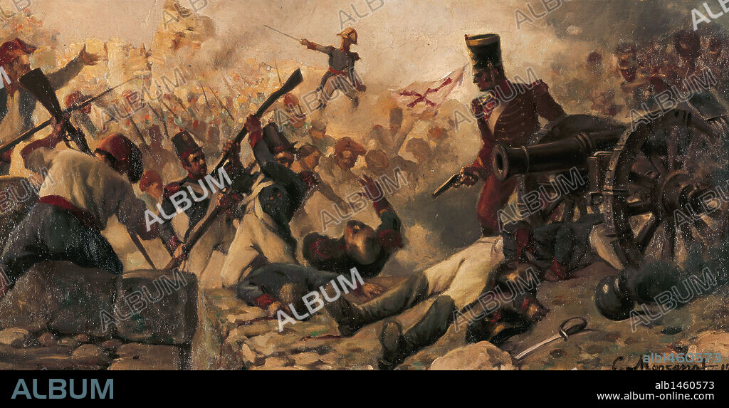 GUERRA DE LA INDEPENDENCIA ESPAÑOLA, conocida en Cataluña por GUERRA DEL FRANCES. (1808-1814). En 1809 las tropas francesas de Napoleón sitiaron la ciudad de Girona, sitio que duró 7 meses. El 10 de diciembre, la ciudad capitulaba. "DEFENSA DE LA TORRE DE LA GIRONELLA", torre de defensa que formaba parte de la fortificación. Oleo de Cristobal MONTSERRAT i JORBA (1869-1935). Museo del Ejército. Madrid.