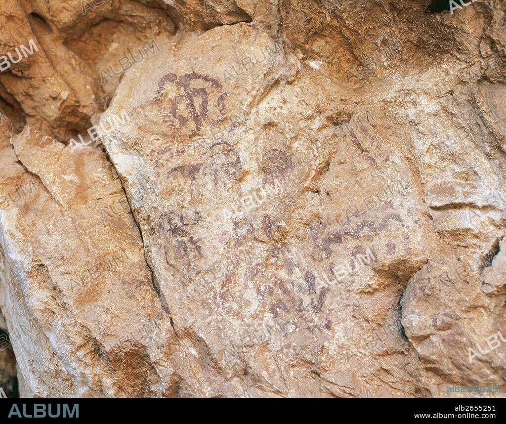 Prehistoric Art. Mesolithic. Levantine style. Schematic painting. Cave of Los Letreros. Velez Rubio, province of Almeria, Andalusia, Spain.