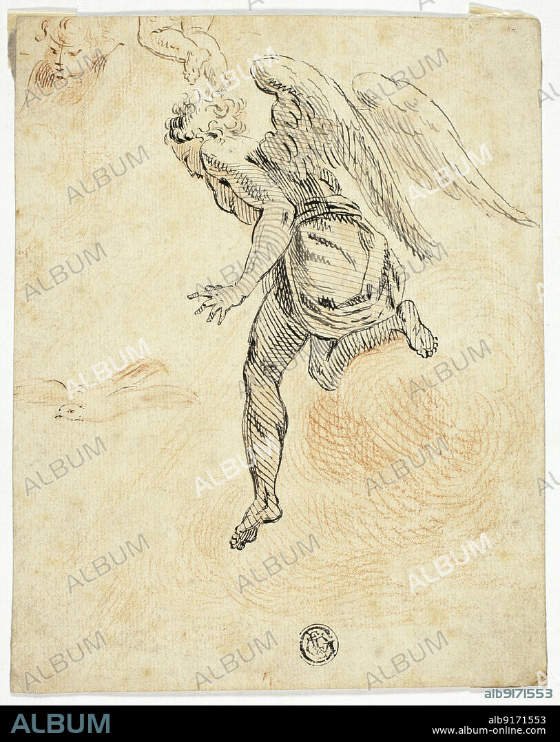 Flying Angel with Sketches of Dove and Putto's Head, n.d. Follower of Donato Creti.